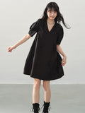 DDGIRL_studio_Beaded_Soft_Cotton_A_Line_Puff_Sleeve_V-neck_Back_Zipper_Black_Mini_Dresses_MISSTT