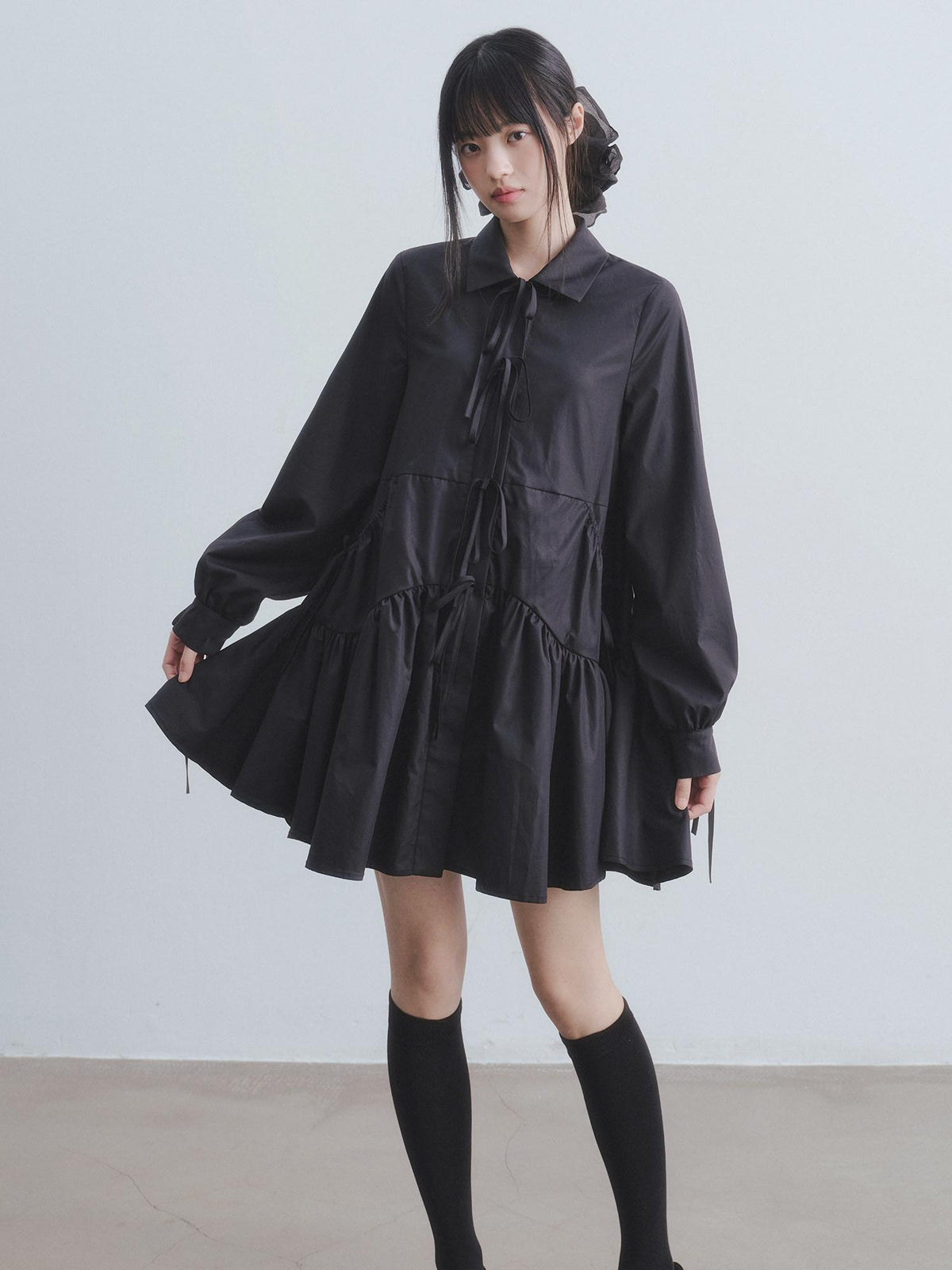 DDGIRL studio Soft High Waist Tie A Line Shirt Dress Office Black Cotton Midi Dresses