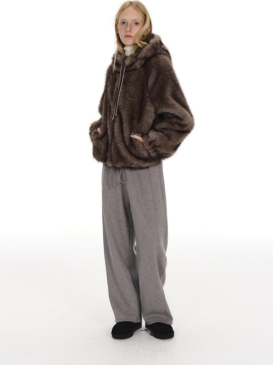 Country Moment Warm Wool Lined Pleated Drawstring Loose Fit Gray Straight Sweatpants