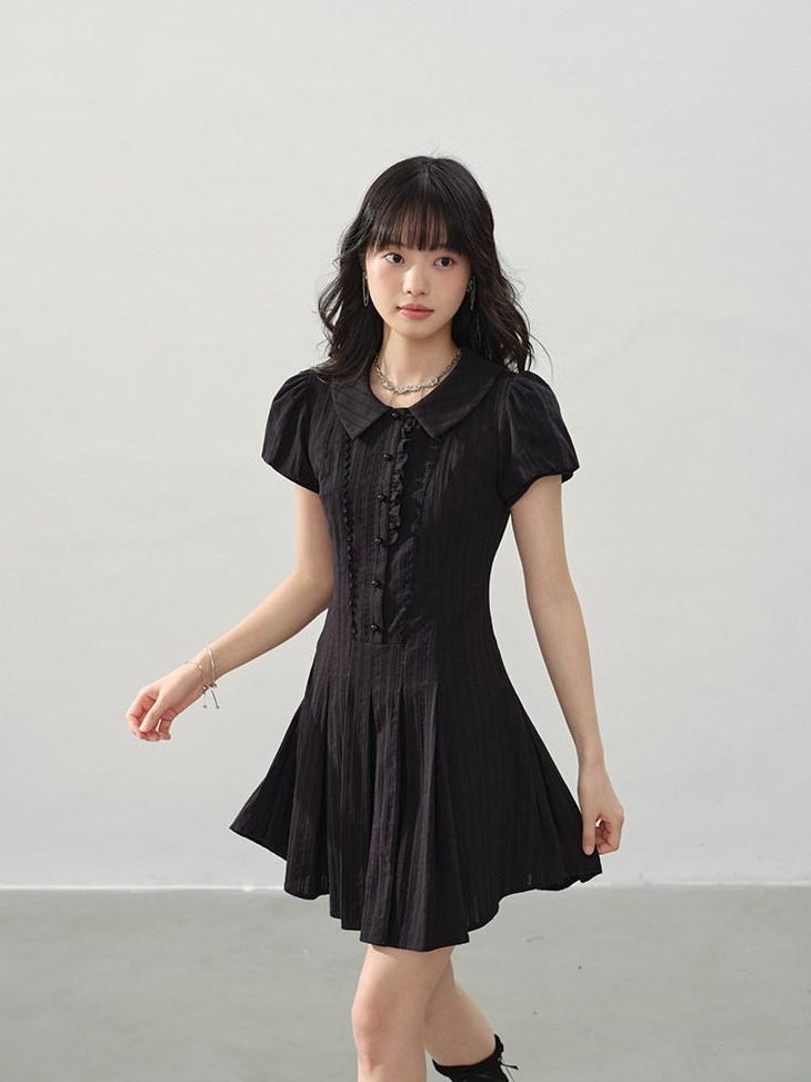 DDGIRL studio Sweet Cotton A Line Puff Sleeve Doll Collar Fitted Waist Midi Dresses