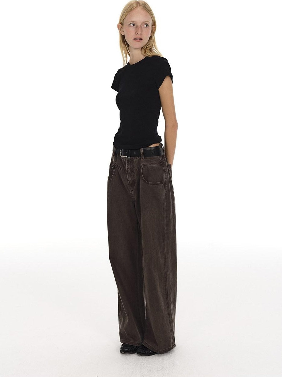 Country Moment Vintage Washed Mid Rise Zipper Flare Loose Casual Unisex Cotton Wide Leg Jeans