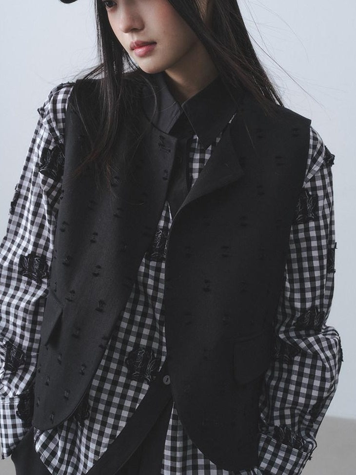DDGIRL studio Lightweight Hand Distressed Commuter Loose Fit Student Black Flap Pocket Vests