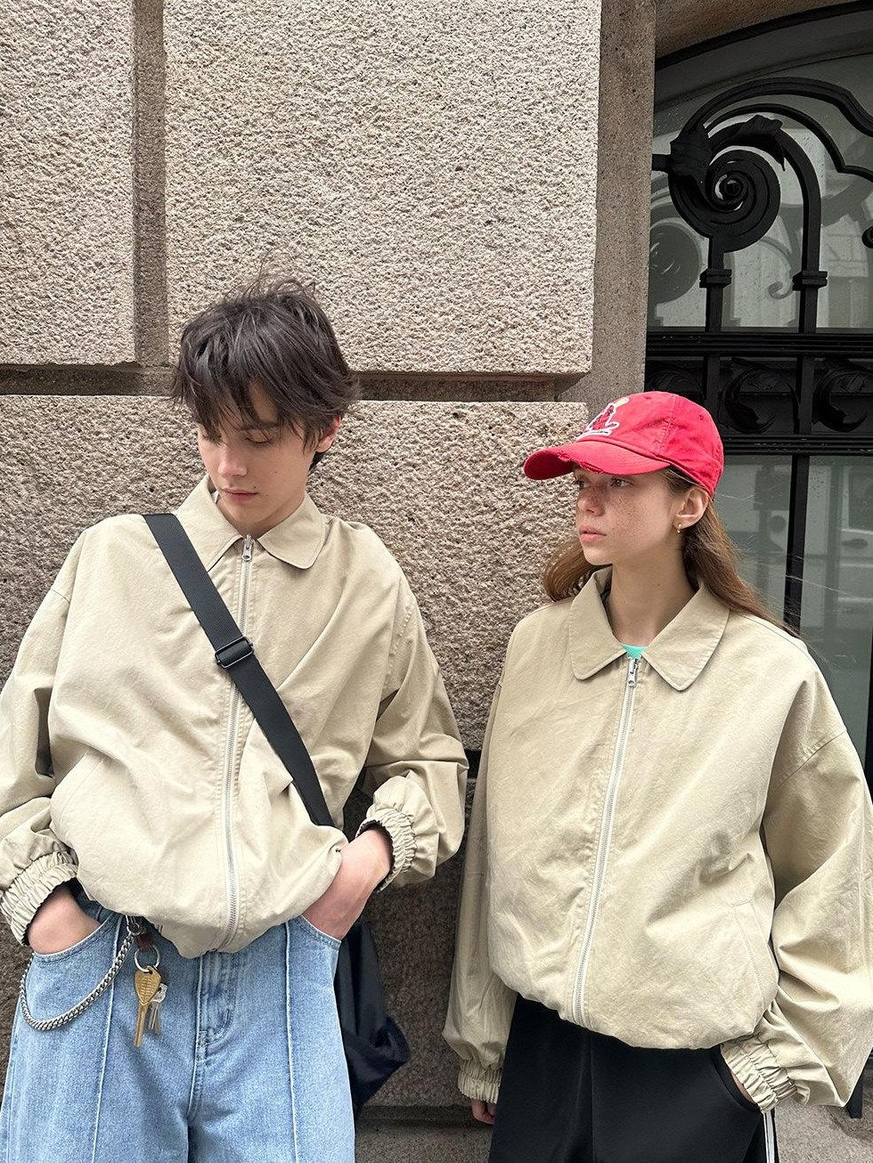 Country Moment Cotton Loose Fit Zip Lapel Short Youth Unisex Khaki Plaid Cropped Jackets