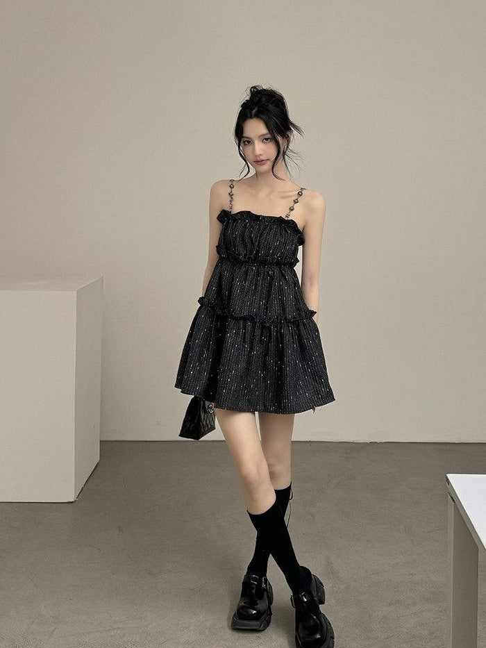 DDGIRL studio Shape Retain Strappy A Line Loose Waist Black Poly Wool Blend Mini Dresses