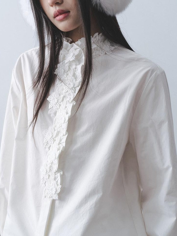 DDGIRL studio Pure Cotton Breathable Rose Lace Stand Collar Loose Fit Ruffle Sleeves Shirts