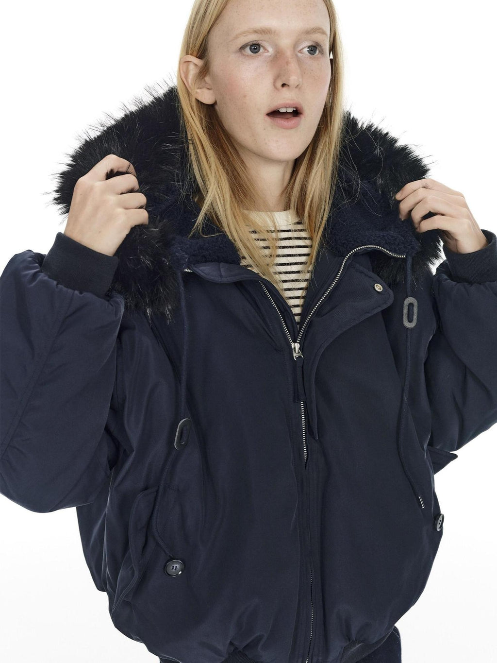 Country Moment Warm Hooded Retro Short Zip Ribbed Hem Unisex Navy Puffer Jackets