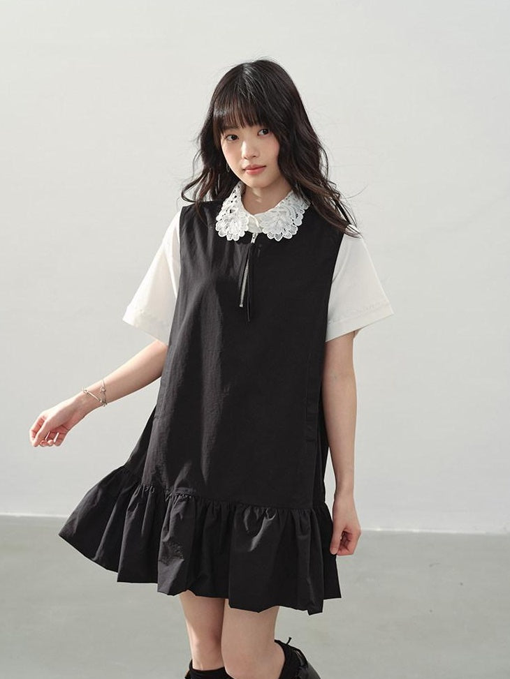 DDGIRL studio Soft Washed Cotton Nylon A Line Doll Collar Pockets Black Mini Dresses
