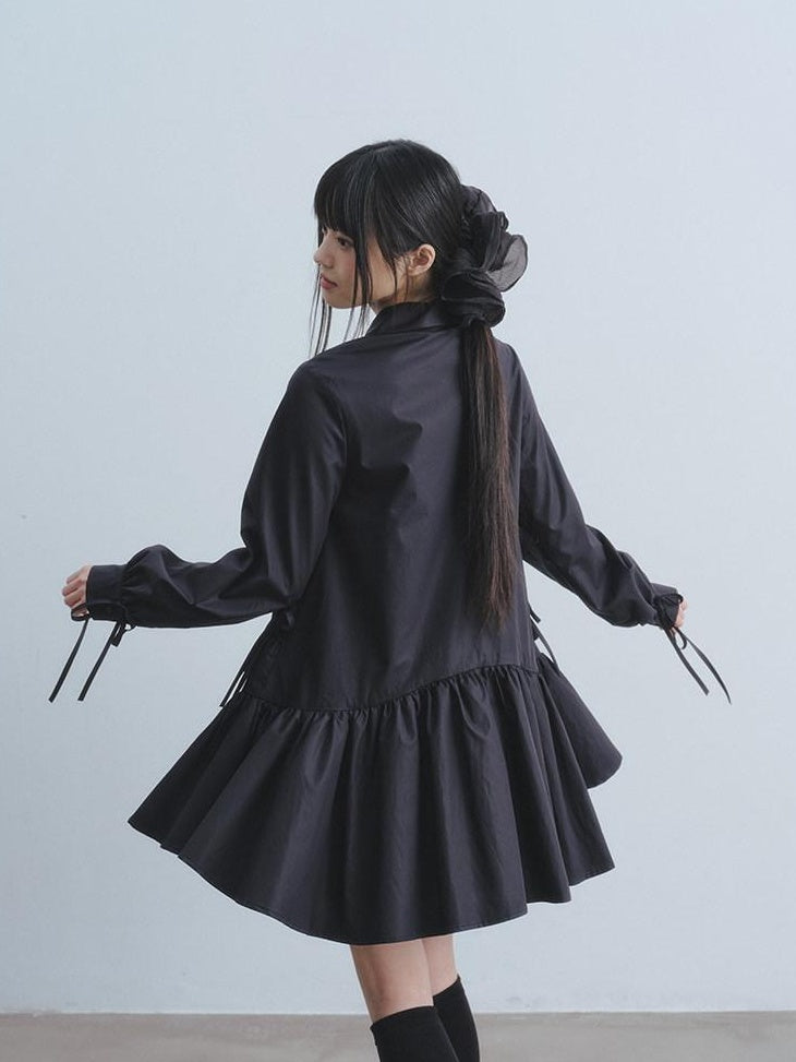 DDGIRL studio Soft High Waist Tie A Line Shirt Dress Office Black Cotton Midi Dresses