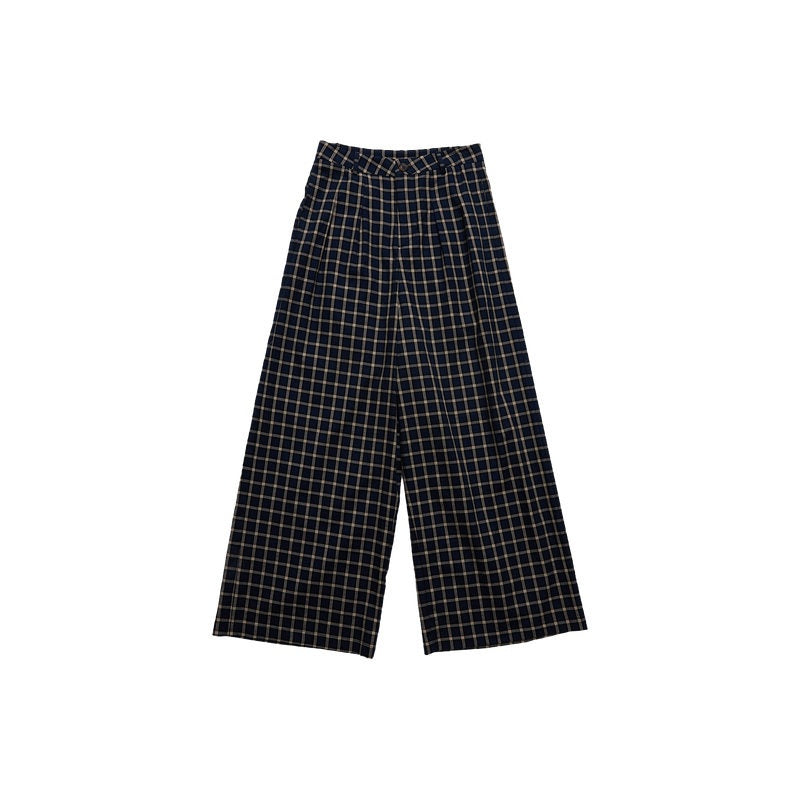 Country_Moment_Versatile_Minimal_Indigo_Check_Cotton_Natural_Waist_Straight_Wide_Leg_Pants_MISSTT