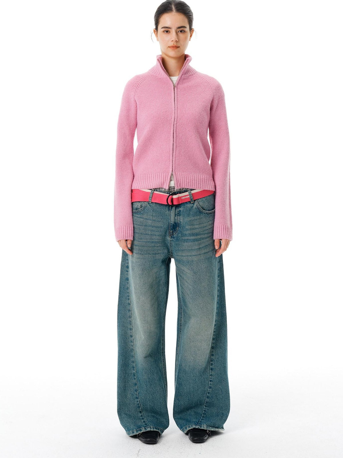 Country Moment Warm Zipper Stand Collar Slim Fit Cardigan Knit Women Rose Purple Sweaters