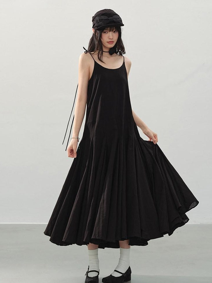 DDGIRL studio Soft Washed Cotton Pleated Elegant A Line U Neck Sleeveless Black Midi Dresses