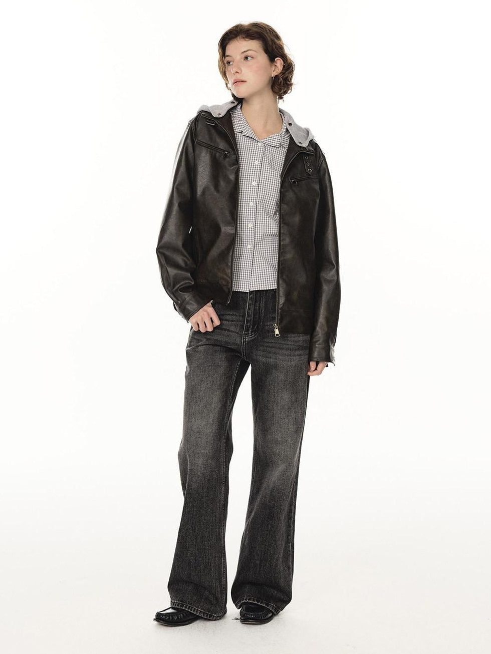 Country Moment Warm Pu Leather Detachable Hood Loose Fit Casual Unisex Leather Jackets