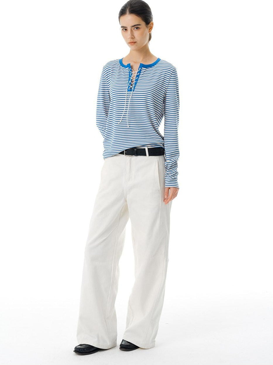 Country Moment Stretch Polyester Henley Tie Blue White Striped Unisex Long Sleeve T-Shirts
