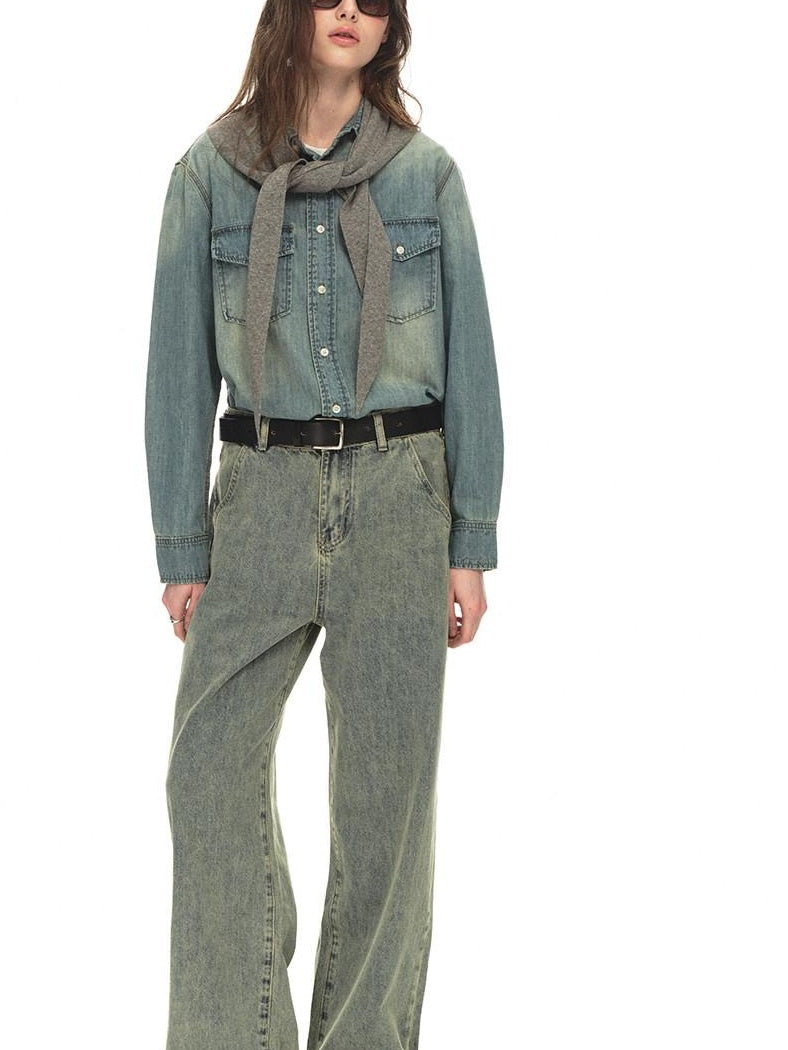 Country Moment Distressed Mid Rise Relaxed Unisex Breathable Cotton Grey Blue Wide Leg Jeans
