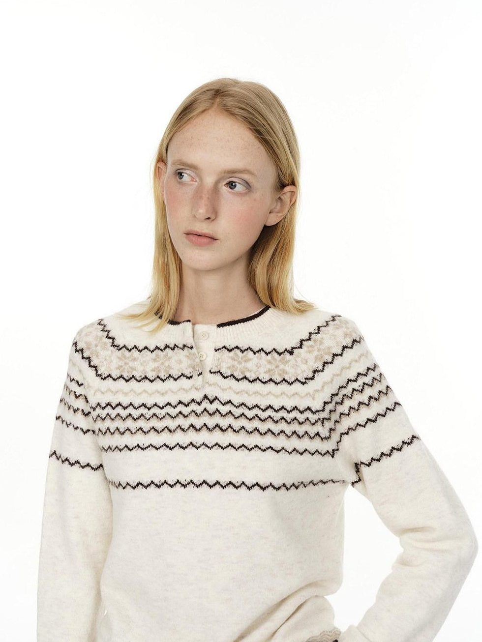 Country Moment Jacquard Henley Button Pullover Slim Fit Youth Wool Blend Striped Sweaters