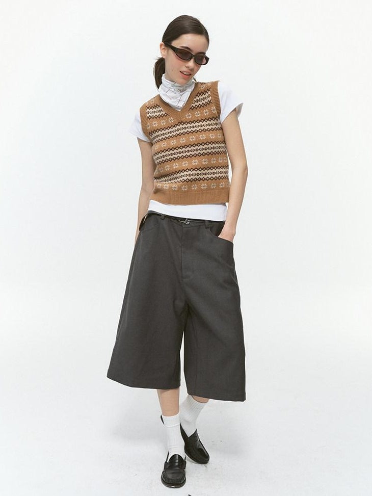 Country Moment Pure Wool V-neck Striped Vest Office Layering Buttonless Dusty Camel Sweaters