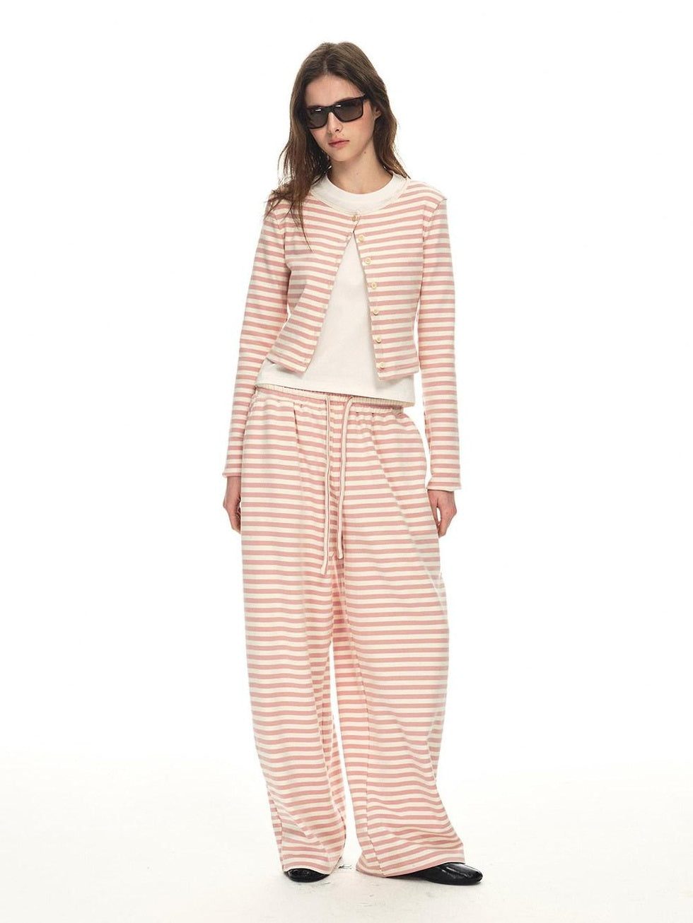 Country Moment Breathable Cotton Slim Fit Piped Pink Striped Casual Top & Pants Sets