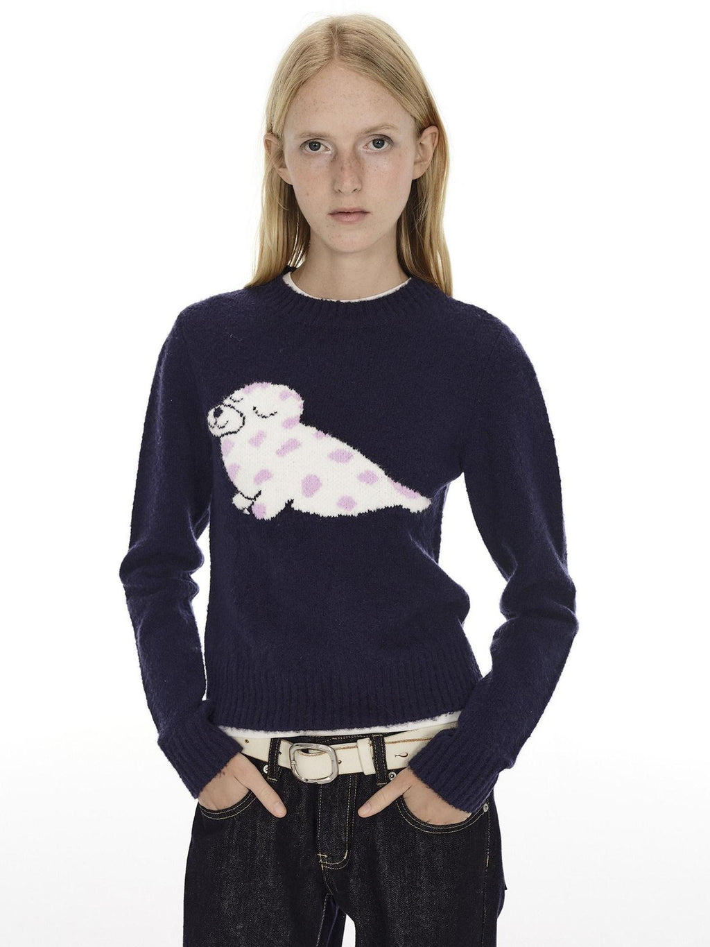 Country Moment Soft Slim Embroidered Seal Youthful Unisex Everyday Acrylic Round Neck Sweaters