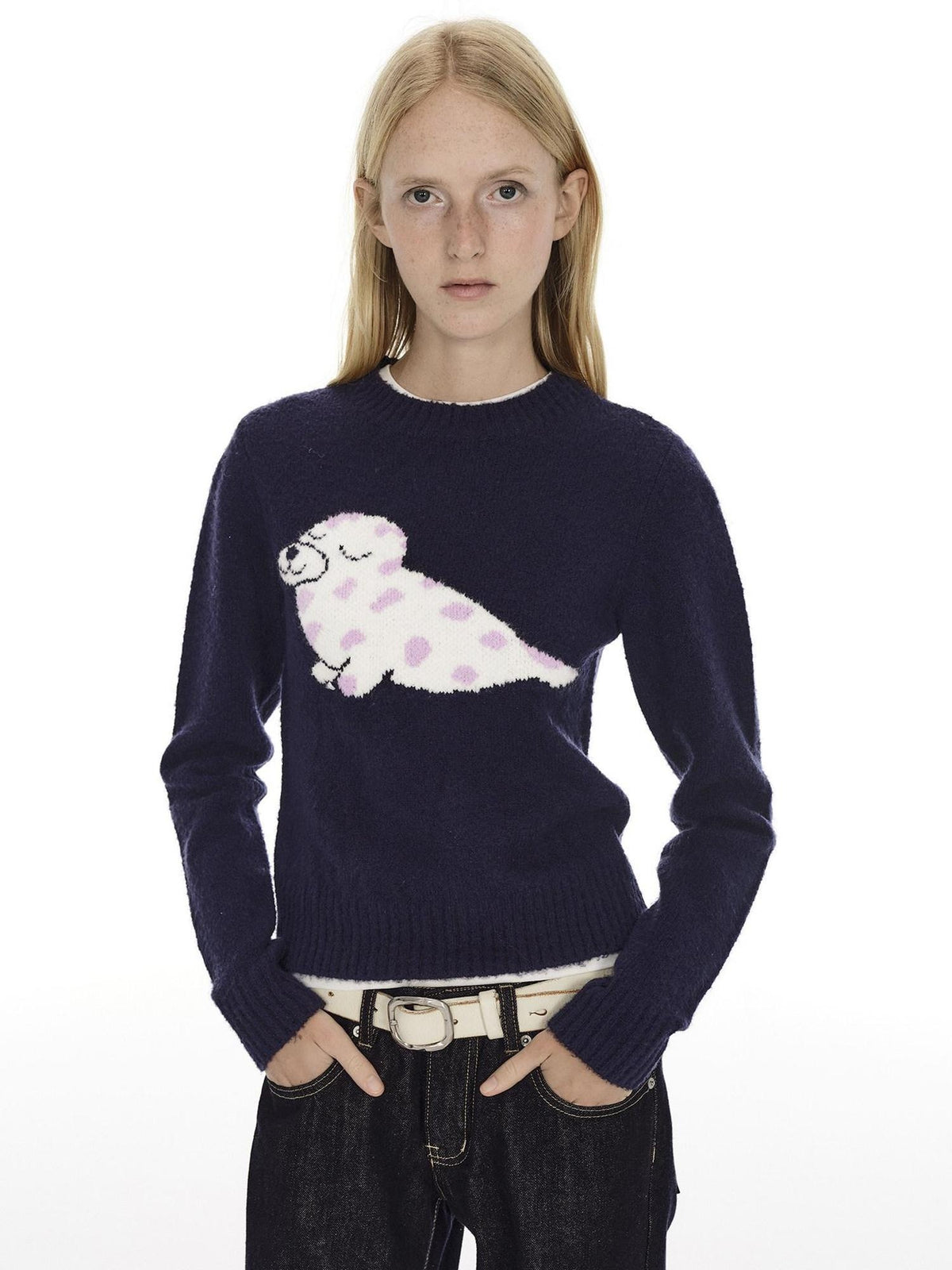 Country Moment Soft Slim Embroidered Seal Youthful Unisex Everyday Acrylic Round Neck Sweaters