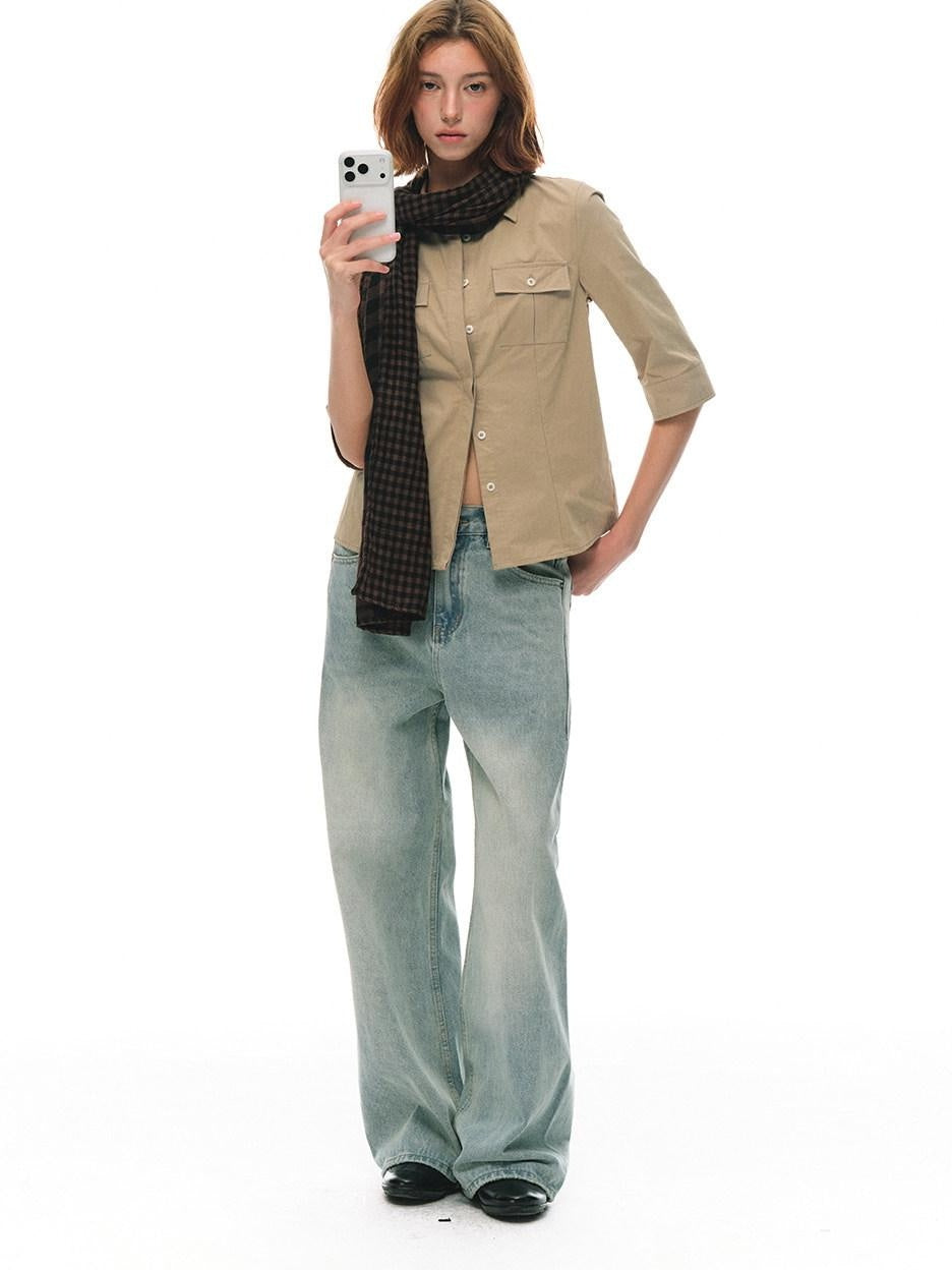 Country Moment Breathable Cotton Slim Fit Collared Half Sleeve Khaki Women Patch Pocket Shirts