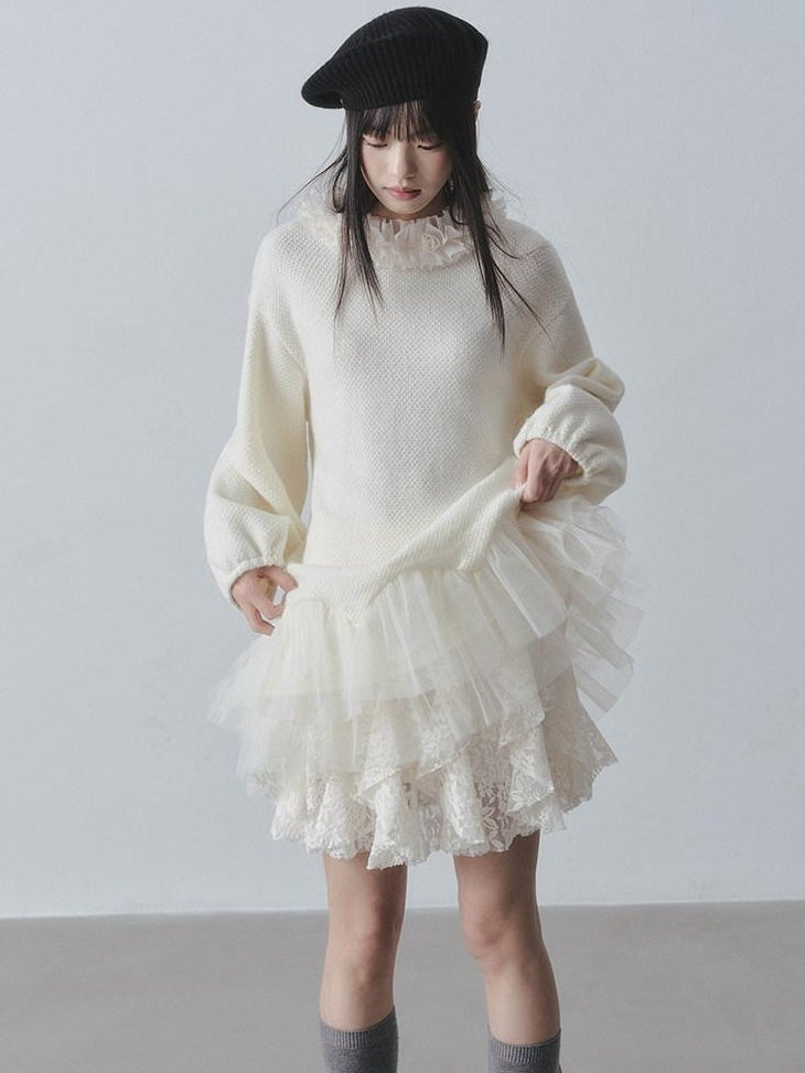 DDGIRL studio Sweet Soft Knit Tulle Panel A Line Long Sleeve Back Button Mini Dresses