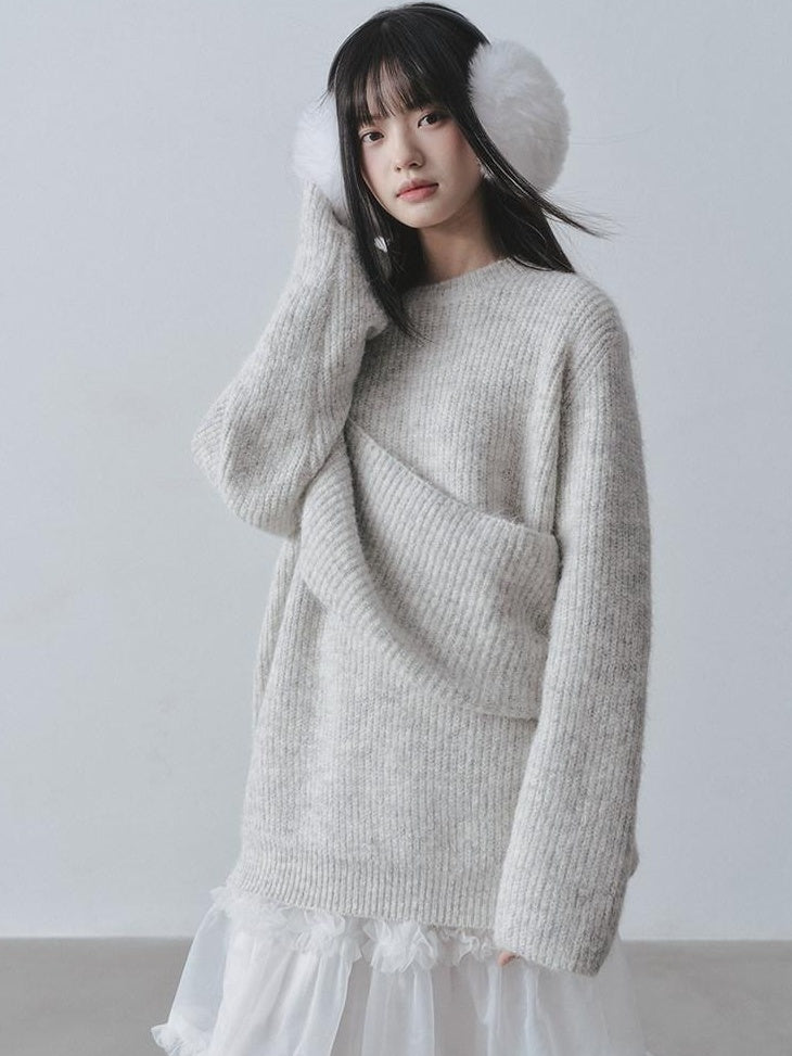 DDGIRL studio Ultra Soft Relaxed Patchwork Round Neck Women Light Gray Knit Sweaters