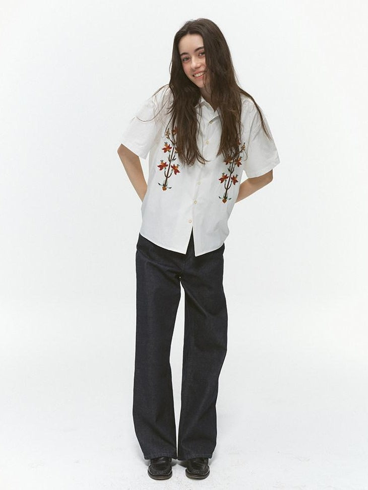 Country Moment Durable Washed Five Pocket Mid Rise Loose Straight Raw Denim Wide Leg Jeans