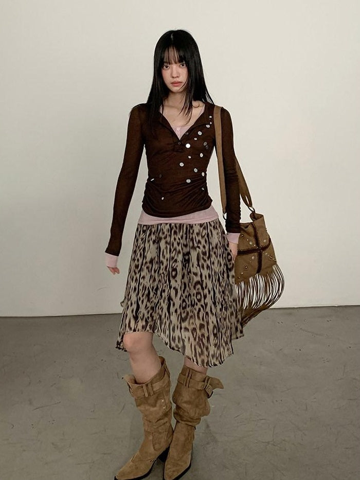 DDGIRL studio Durable American Asymmetric A Line Women High Waist Leopard Print Midi Skirts