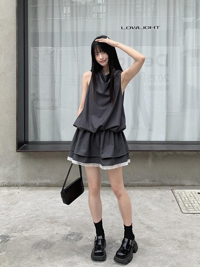 DDGIRL studio Lace Panel High Waist A Line Sleeveless Commuter Young Women Mini Dresses