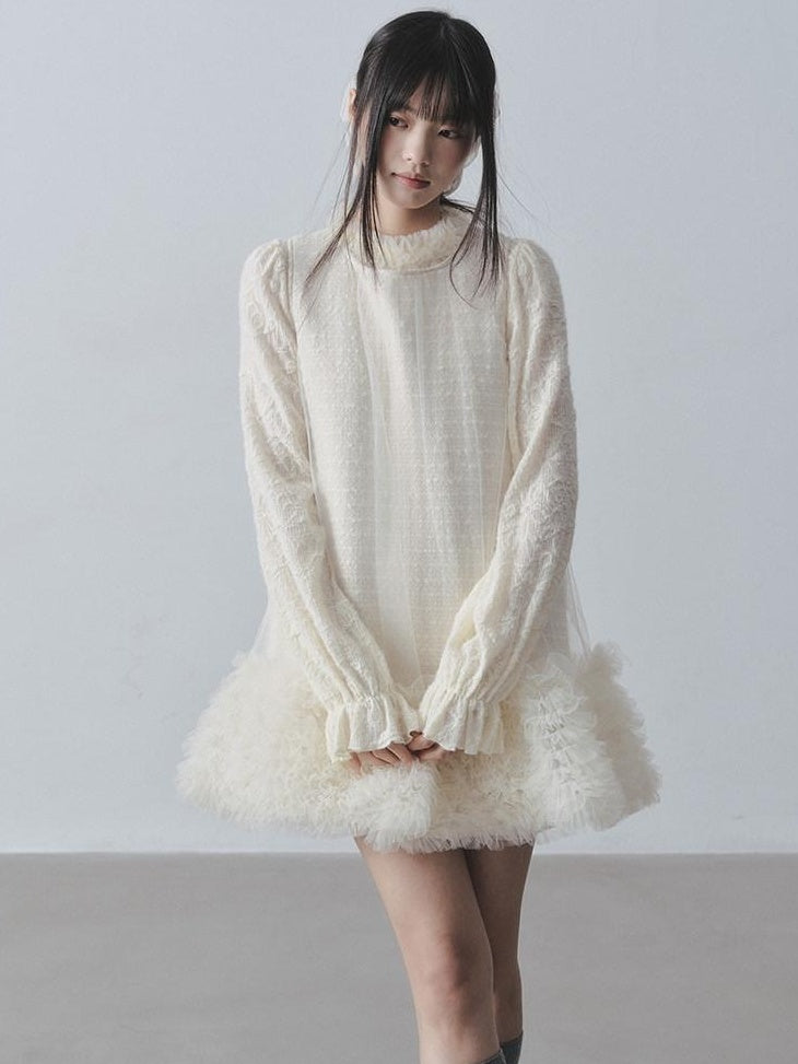 DDGIRL studio Ultra Soft Knit Petal Sleeve Pullover Office Casual Off White Mini Dresses