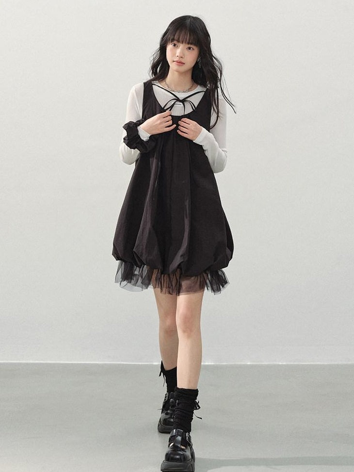 DDGIRL studio Sweet Mesh A Line Black Loose Waist Bubble Skirt U Neck Work Top & Skirt Sets