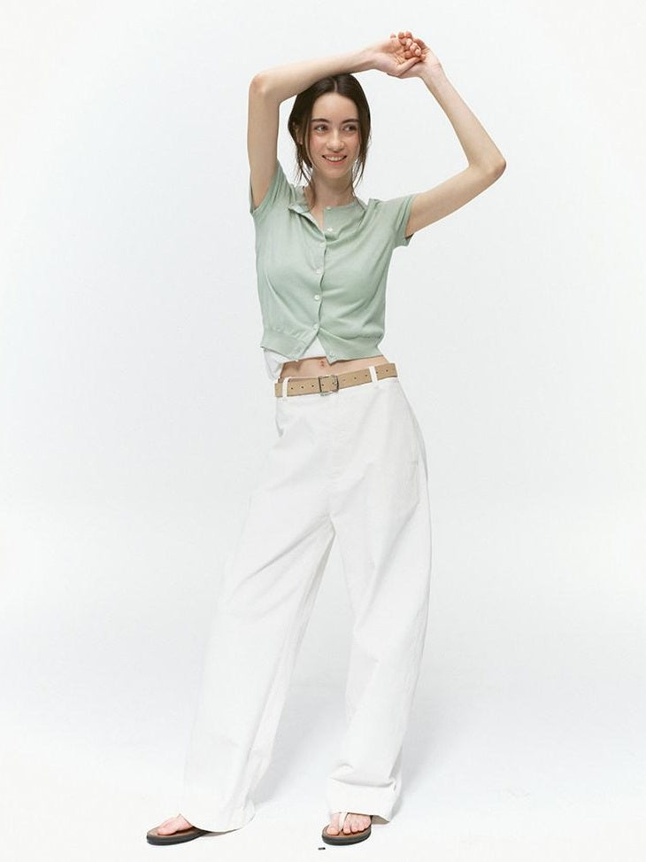 Country Moment Silk Touch Wool Blend Slim Fit Short Sleeve Crop Round Neck Knit Cardigans