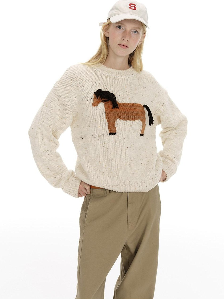 Country Moment Cozy Soft Loose Vintage Pullover Women Wool Blend Horse Pattern Sweaters