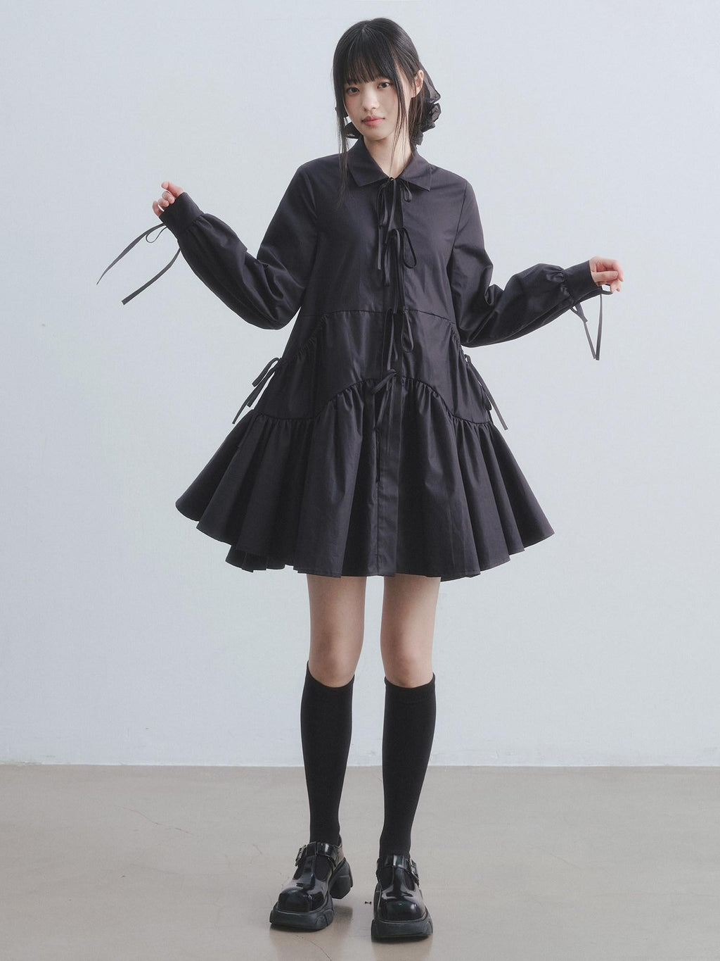 DDGIRL studio Soft High Waist Tie A Line Shirt Dress Office Black Cotton Midi Dresses