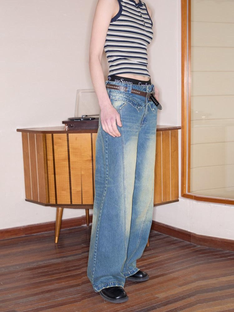 CasseSango Comfort Mid Rise Modern Loose Flare Casual Blue Denim Zipper Fly Wide Leg Jeans