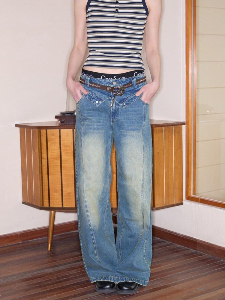 CasseSango Comfort Mid Rise Modern Loose Flare Casual Blue Denim Zipper Fly Wide Leg Jeans