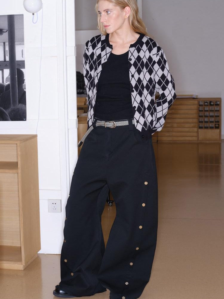 CasseSango Comfortable Loose Mid Rise Urban Chic Youth Everyday Solid Black Wide Leg Pants