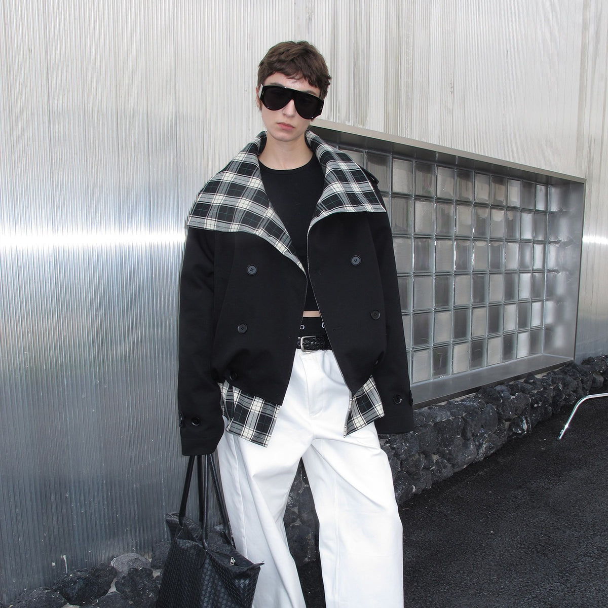 CasseSango_Insulated_Patchwork_Relaxed_High_Collar_Plaid_Men_Black_Puffer_Jackets_MISSTT