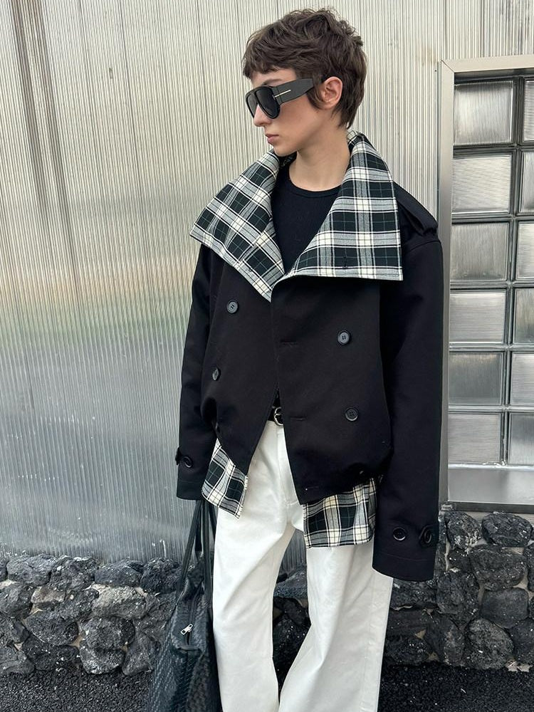 CasseSango Insulated Patchwork Relaxed High Collar Plaid Men Black Puffer Jackets