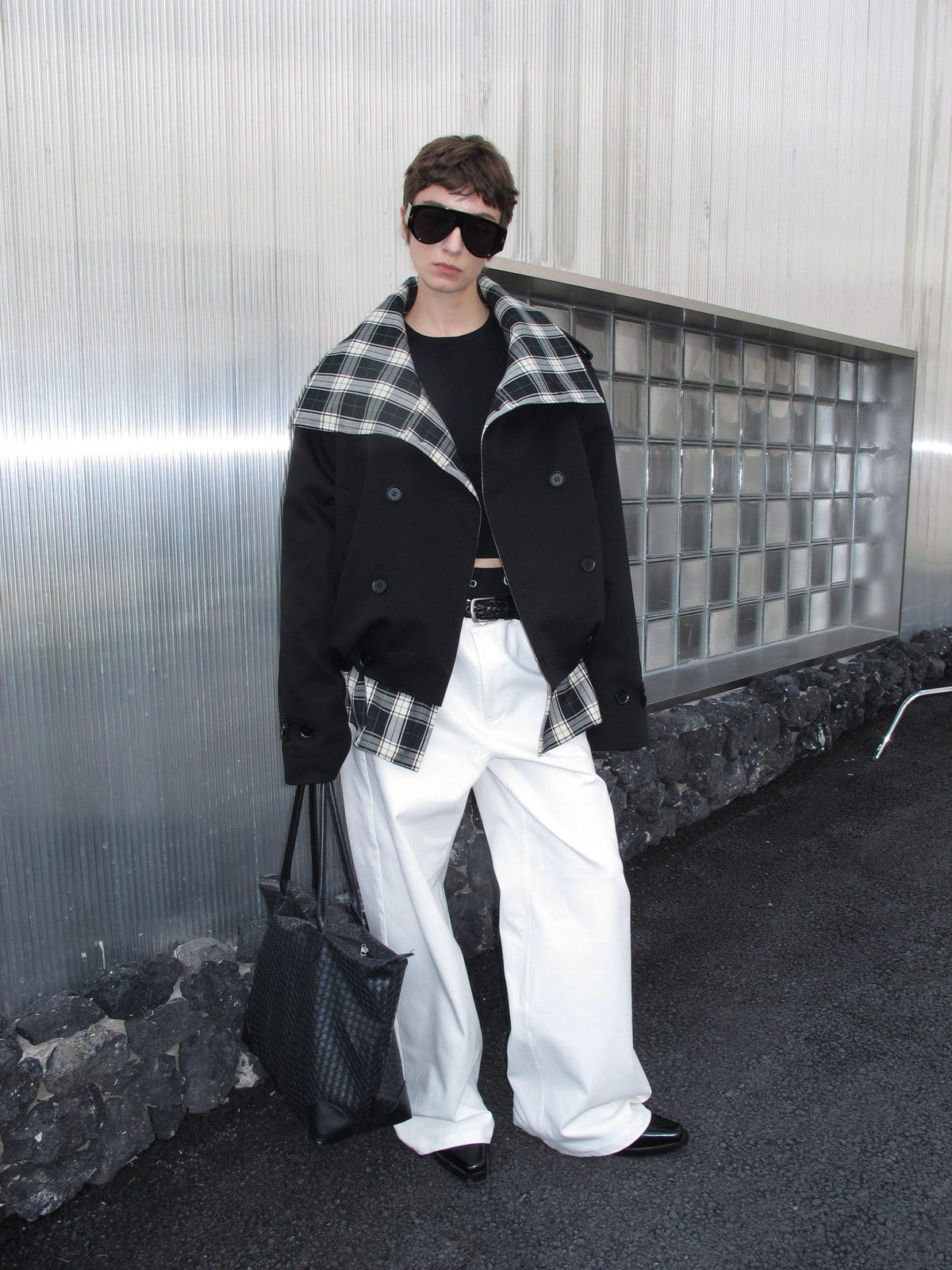 CasseSango Insulated Patchwork Relaxed High Collar Plaid Men Black Puffer Jackets