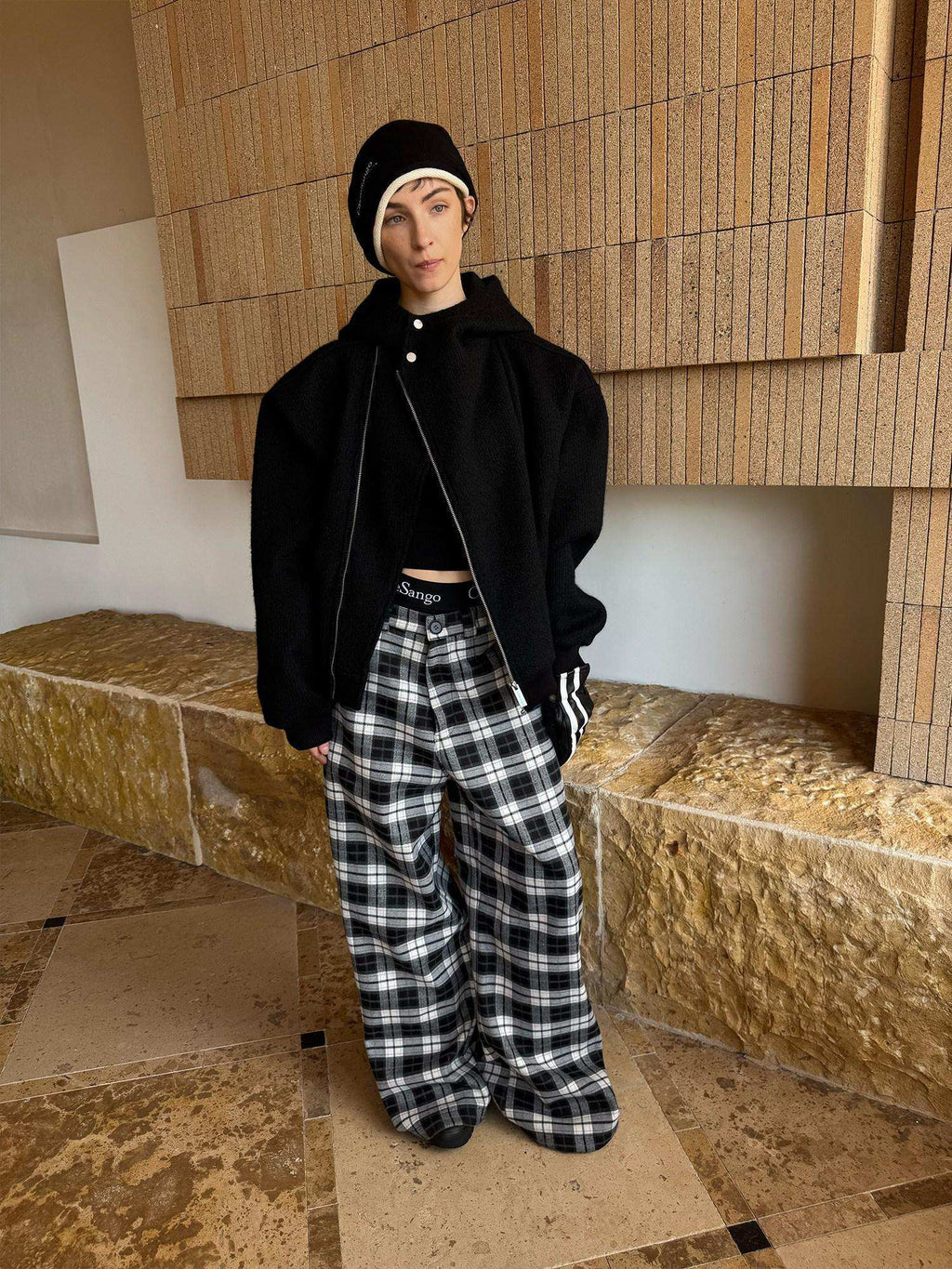 CasseSango Loose Fit Casual Relaxed Unisex Black Plaid Checkered Wide Leg Pants
