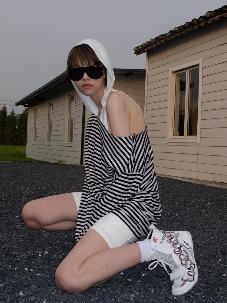 CasseSango Quick Dry Loose Hooded Asymmetric Women Striped Cross Print Long Sleeve T-Shirts