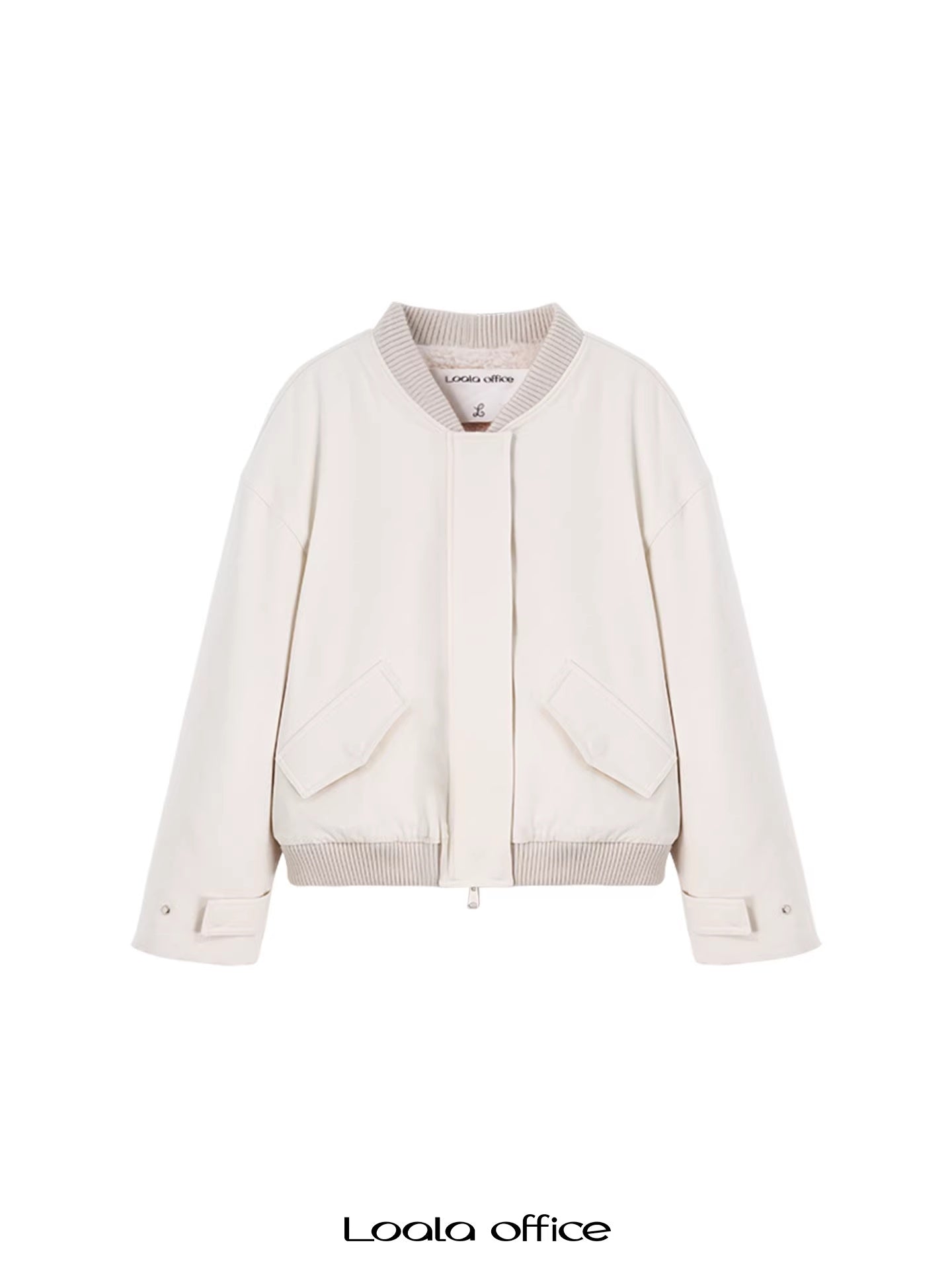 LoalaOffice_100%_Cotton_Casual_Baseball_Collar_Short_Zip_Jacket_Women_Daily_White_Outerwear_MISSTT