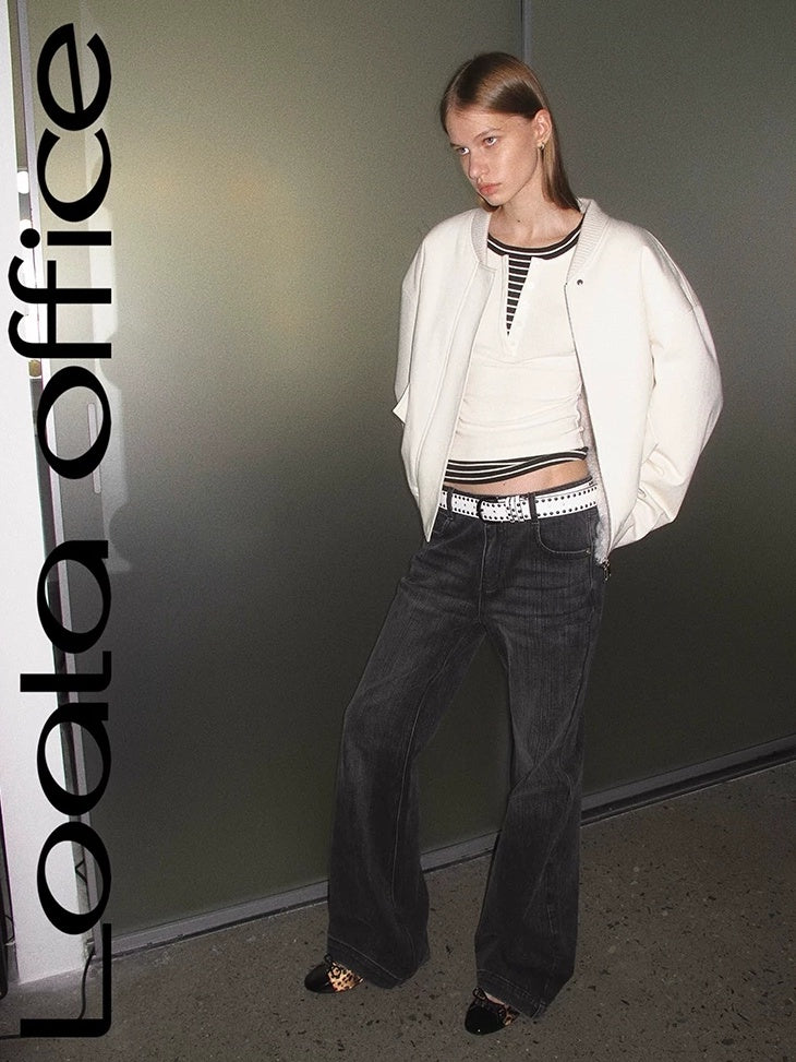 LoalaOffice 100% Cotton Casual Baseball Collar Short Zip Jacket Women Daily White Outerwear