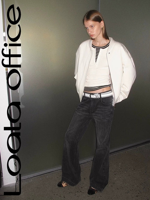 LoalaOffice 100% Cotton Casual Baseball Collar Short Zip Jacket Women Daily White Outerwear