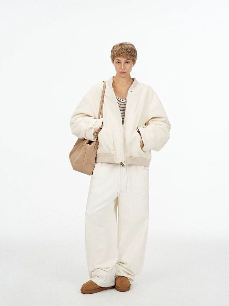 LoalaOffice 100% Cotton Casual Baseball Collar Short Zip Jacket Women Daily White Outerwear