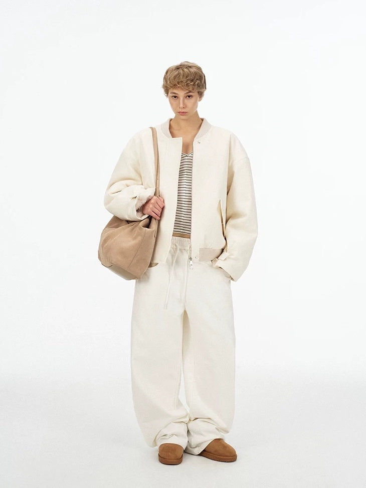 LoalaOffice 100% Cotton Casual Baseball Collar Short Zip Jacket Women Daily White Outerwear