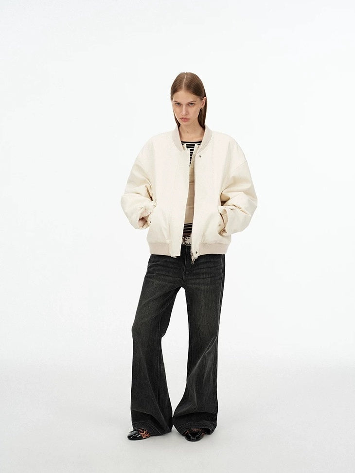 LoalaOffice 100% Cotton Casual Baseball Collar Short Zip Jacket Women Daily White Outerwear