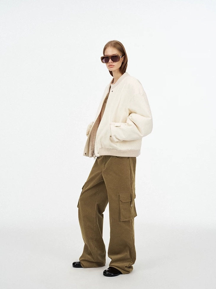 LoalaOffice 100% Cotton Casual Baseball Collar Short Zip Jacket Women Daily White Outerwear