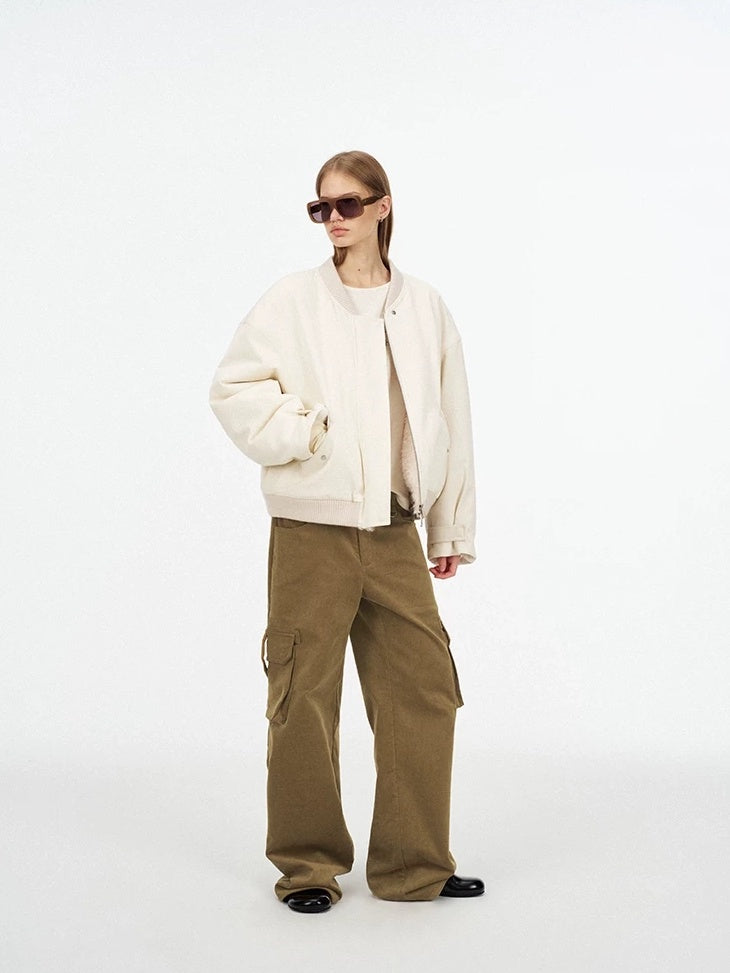 LoalaOffice 100% Cotton Casual Baseball Collar Short Zip Jacket Women Daily White Outerwear